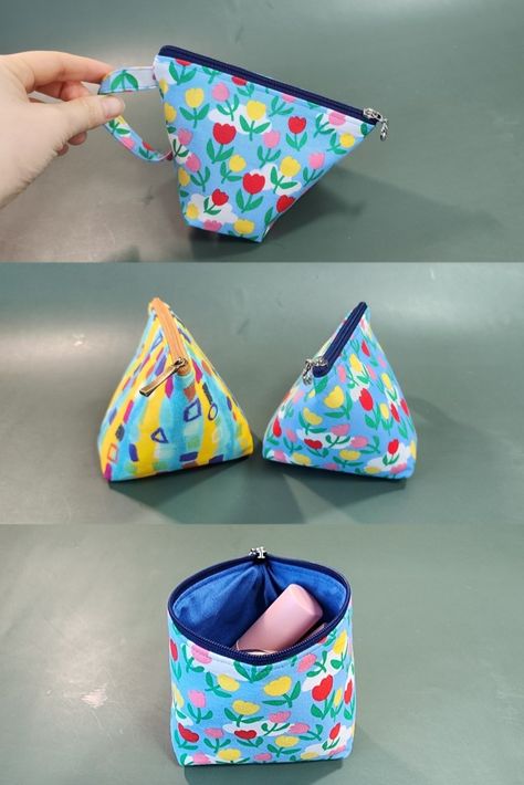 Easy sewing tutorial 🍒 How to make a zipper pouch with a cute handle Sewing Projects With Zippers, Crossbody Bag Pattern Free Sewing, Purse Patterns Free Sewing Handbags, Zipper Pouch Ideas, Small Things To Sew, Sew A Pouch, Triangle Zipper Pouch, Bags To Sew, Easy Zipper Pouch