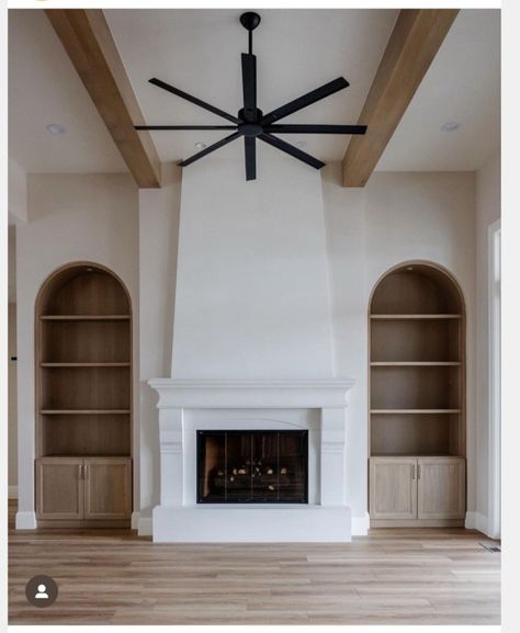 Arched Shelving, Den Fireplace, Color In Interior Design, Pantry Door Ideas, Firefly Lane, Stucco Fireplace, Gray Room, Investment House, Living Room Built Ins