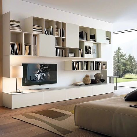 Bookshelves In Living Room With Tv, Living Room Library Ideas, Room Library Ideas, Modern Bookshelf Design, Living Room With Tv, Room With Tv, Bookshelves With Tv, Modern Floating Shelves, Parisian Interior