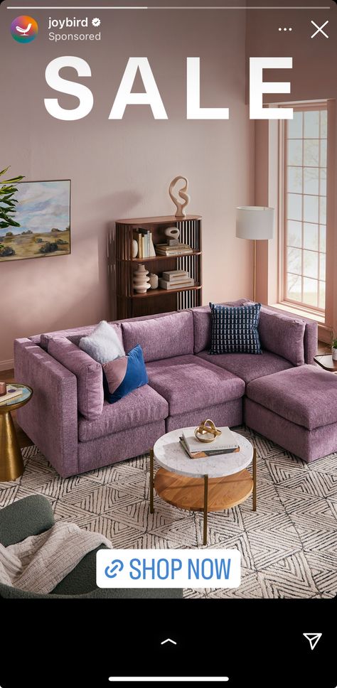 Joybird Furniture Living Rooms, Joybird Couch, Joybird Sofa, Purple Couch, Joybird Furniture, Family Together, Amazon Home Decor, Apartment Inspiration, Living Room With Fireplace