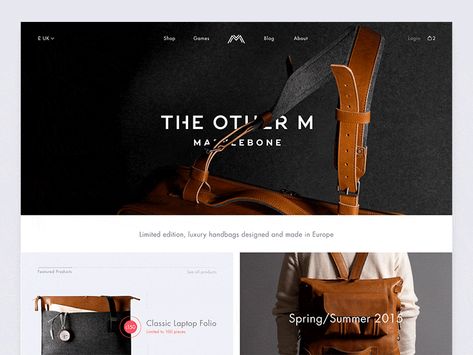 Landing page design for an eCommerce site selling limited edition leather bags. Leather Bag Website Design, Leather Website Design, Brand Website Design Inspiration, Ux Presentation, Blue Cypress, Brand Website Design, Sneaker Posters, Gui Design, Living Room Decor Colors