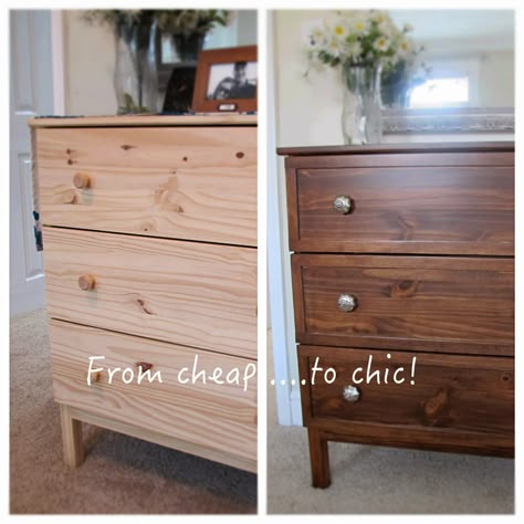 Ikea Tarva doesn't have to look cheap! Use gel stain for a richer look. Mercury glass knobs don't hurt either... Tarva Makeover, Ikea Tarva Dresser, Ikea Tarva, Staining Furniture, Ikea Dresser, Pine Furniture, Gel Stain, Bedroom Dressers, Furniture Hacks