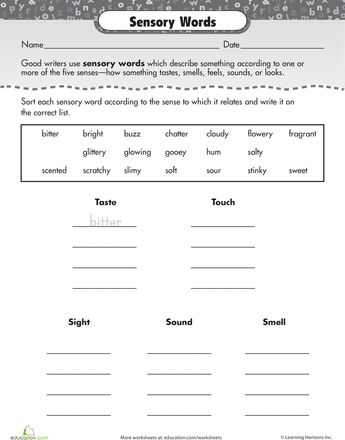 Worksheets: Writing with Adjectives: Intro to Sensory Words Sensory Language, Sensory Words, Coping Skills Activities, Words Worksheet, Third Grade Writing, Sensory Details, Teaching Poetry, Language Worksheets, English Grammar Worksheets