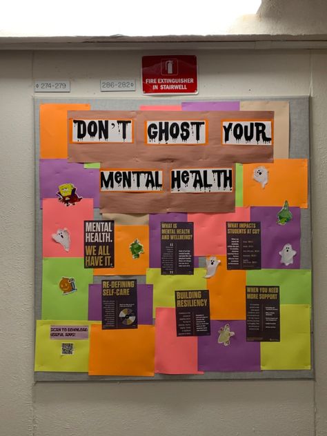 Counselling Bulletin Board Ideas, Rehab Bulletin Board Ideas, Spiritual Wellness Bulletin Board, Psychology Bulletin Board Ideas, Health Department Bulletin Board, Halloween Mental Health Bulletin Board, Wellness Board Ideas, Mental Health Board Ideas, Sources Of Strength Bulletin Board