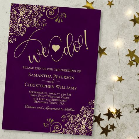 Purple Gold Wedding, Wedding Invitation Purple, Plum Wedding Invitations, Purple And Gold Wedding, Plum Wedding, Gold Wedding Invitation, Party Stationery, Wedding Anniversary Invitations, Wedding Announcement