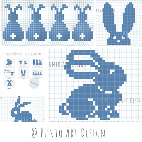 Easter Bunny Chart for crochet or knit: pixel; Corner to corner, C2C; Tapestry; Filet; Fair Isle; Intarsia; Mosaic; Lace; Aran; Cables; Fair Isle Chart Simple, Intarsia Knitting Patterns Charts, Bunny Grid Pattern, Mosaic Crochet Patterns Free Charts, Unicorn Knitting Chart, Crochet Bunny Graph, Crochet Grid Patterns Free, Bunny Knitting Chart, Intarsia Knitting Charts Flower