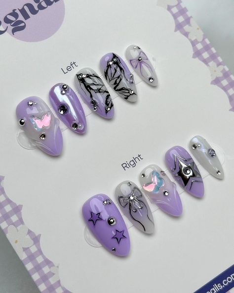 Legnails ✨Dreamy Press-On Nails | ⋆ ˚｡⋆୨ ʚɞ ୧⋆ ˚｡⋆ Purple Butterfly #pressonsnails #chromenails #butterflynails #bownails | Instagram Kuromi Nail Art, Kuromi Nails, Kuromi Room, Grad Nails, Uñas Aesthetic, Concert Nails, Butterfly Nail Designs, Purple Nail Art, Punk Nails