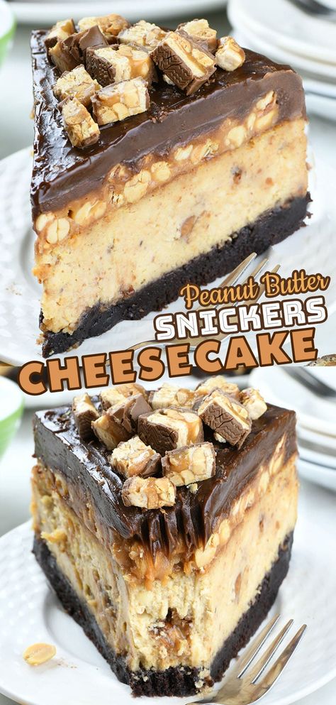 Peanut Butter Snickers, Brownie Crust, Brownie Vegan, Snickers Cheesecake, Fudgy Brownie Recipe, Gooey Caramel, Impressive Desserts, Fudgy Brownie, Chocolate And Peanut Butter