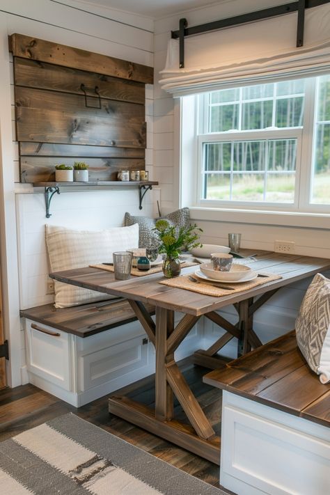 Ideas for farmhouse breakfast nooks for lazy Sunday mornings. Corner Breakfast Nook Ideas, Corner Dining Nook, Farmhouse Breakfast Nook, Breakfast Nook Decor, Distressed Wood Table, Farmhouse Breakfast, Breakfast Nook Bench, Antique Wooden Chairs, Breakfast Nook Ideas