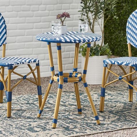 Longshore Tides Wicker Bistro Table | Wayfair Stripe Umbrella, French Bistro Table, Spring Soiree, Wicker Bar Stools, Parisian Bistro, Wicker Dining Set, Bistro Table Outdoor, Deck Backyard, Backless Stools