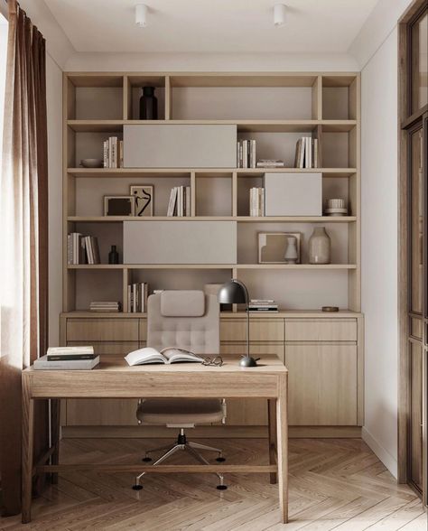 Office Shelf Design Modern, Family Home Office Ideas, Home Office Japandi Style, Japandi Style Home Office, Desk Not Against Wall, Japandi Style Office, Study Joinery, Architect Home Office, Modern Home Office Design For Men