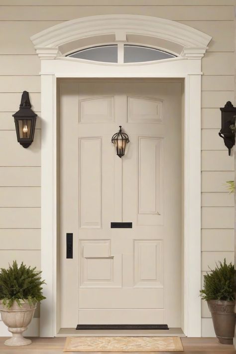 front door paint, pale oak paint, benjamin moore paint, exterior door paint Revere Pewter Front Door Exterior, Pale Oak Exterior, Front Door Colors White House, Pale Oak Exterior House Color, Neutral Front Door Colors, Taupe Front Door, Painting Front Door, Neutral Front Door, Fall Fireplace Decor Mantles