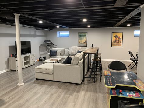 Basement Arrangement Ideas, Basement Living Room And Office, Basement Bathtub Ideas, Industrial Finished Basement Ideas, Futon Basement Ideas, Basement Studio Ideas, Easy Basement Makeover, Cheap Unfinished Basement Ideas, Unfinished Basement Remodel