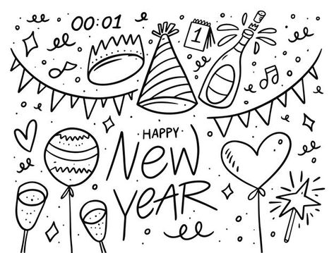 New Years Eve Drawing, New Year Doodle Art, New Years Doodles, January Doodles, Happy New Year Doodle, New Year Doodles, Classroom Drawing, New Year Posters, New Year Doodle