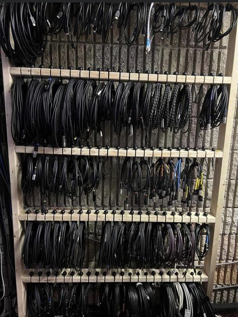 Scene Shop Organization, Tech Closet Organization, Recording Studio Cable Storage, Home Studio Organization, Guitar Cable Storage, Sound Equipment Storage, Film Equipment Storage, Music Gear Storage, Music Equipment Storage