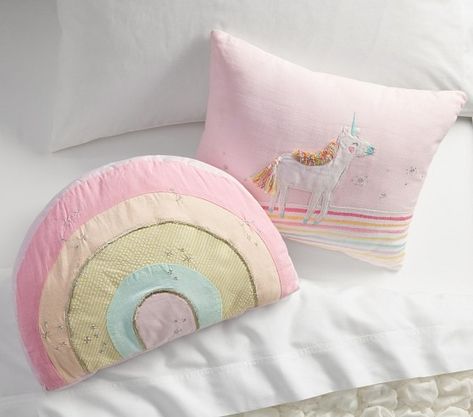 pillow | Pottery Barn Kids Boho Unicorn Room, Kids Unicorn Room, Unicorn Baby Room, Unicorn Bedroom Ideas, Crochet Horses, Princess Rooms, Rainbow Pillows, Unicorn Bedding, Unicorn Bedroom