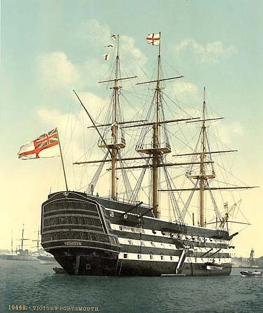 Victory (British ship ) flagship of the victorious British fleet commanded by Admiral Horatio Nelson in the Battle of Trafalgar on Oct. 21, 1805. britannica.com Navi A Vela, Old Sailing Ships, Ship Of The Line, Hms Victory, Sailing Vessel, British Government, Wooden Ship, Navy Ships, Tall Ships