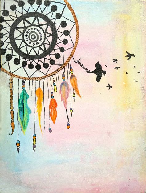 Dream Catcher Painting, Good Dreams, Dream Catcher Wall, Hanging Beads, Colorful Rangoli Designs, Dream Symbols, Paint Night, Mandala Dots, Diy Canvas Art Painting