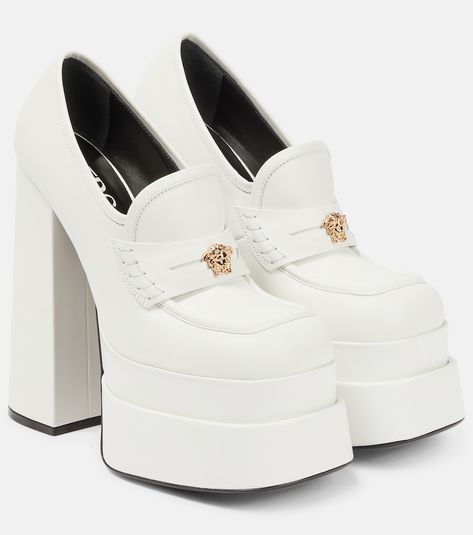 White Versace Platform Heels, Luxury Platform Heels, Versace White Heels, White Versace Heels, Versace Pumps, Versace Heels, Loafer Pumps, College Projects, White Loafers