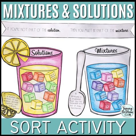 Engage your students while teaching them about the physical science concepts of mixtures and solutions! This craftivity is a great way to get in that much-needed practice and assess what they know! Objective: For students to learn and retain the matter concepts of mixtures and solutions using an engaging activity. This Resource Covers: -What mixtures and solutions are -How mixtures and solutions can be separated -Examples of mixtures and solutions With this Resource You'll Get: -Materials to cre Mixture And Solution Activity, Heterogenous Mixtures Examples, Mixtures And Solutions Worksheet, Mixtures And Solutions 3rd Grade, Mixtures And Solutions 5th Grade, Separation Of Mixtures, Examples Of Mixtures, Mixtures And Solutions, Types Of Mixtures