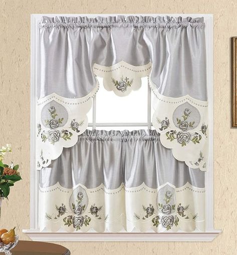 Kitchen Curtains And Valances, Embroidery Kitchen, Ocean Home Decor, Kitchen Curtain Sets, Purple Kitchen, Tier Curtains, Kitchen Valances, Elegant Curtains, Floral Swag