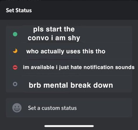 Discord About Me Quotes, Funny Quotes For Discord Status, Cool Discord Status Ideas, Stuff To Put In Your Discord Status, Discord Group Pfp Funny, Ideas For Discord Status, Good Status For Discord, Funny Status Ideas For Discord, Aesthetic Status For Discord