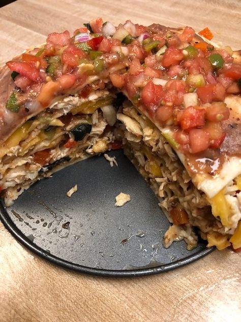 Fiesta Tortilla Stack Tortilla Stack Recipe, Stacked Taco Bake, Mexican Stack Up Recipes, Tortilla Cake, Tortilla Stack, Tortillas Recipes, Chicken Olives, Tortilla Nachos, Springform Pan Recipes