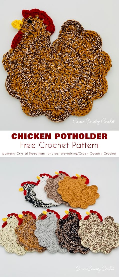 Chicken Potholder Chicken Potholder, Crochet Pot Holders Free Pattern, Crochet Potholder Patterns, Crochet Hot Pads, Crochet Chicken, Dishcloth Crochet Pattern, Potholder Patterns, Crochet Coaster Pattern, Crochet Potholders