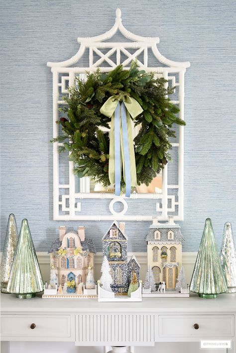 Elegant Entryway Decor, Mercury Glass Trees, Christmas Entryway Decor, Christmas Foyer, Christmas Entry, Elegant Entryway, Christmas Entryway, Chinoiserie Christmas, Florida Christmas