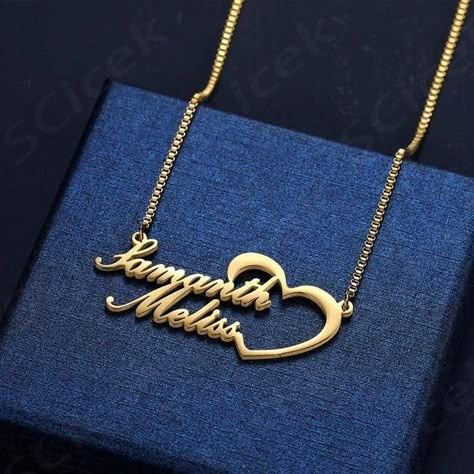 This adorable personalized necklace is the best gift for Valentine's day, wedding, anniversary or any occasion. You can engrave two names on this beautiful pendant. Material : Stainless Steel Pendant Size: 5*5CM (approximately) Chain style: Box 2mm Click Add a note to your order before checkout, to provide us the Two Names you want on the necklace with the font. The sample in the pictures is in Font  ... more Name Locket, Happy Birthday Song Video, Wedding Locket, Small Gold Necklace, Christian Bride, Names Necklace, Name Chain, Gold Bracelet Simple, Locket Design