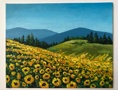 Acrylic painting on canvas of flower field Landscape Drawing Acrylic, Sunflower Sunset Painting, How To Draw A Flower Field, Rose Field Drawing, Flower Landscape Drawing, Field With Flowers Drawing, Flower Field Drawing Pencil, Field Of Flowers Drawing, Flower Fields Painting