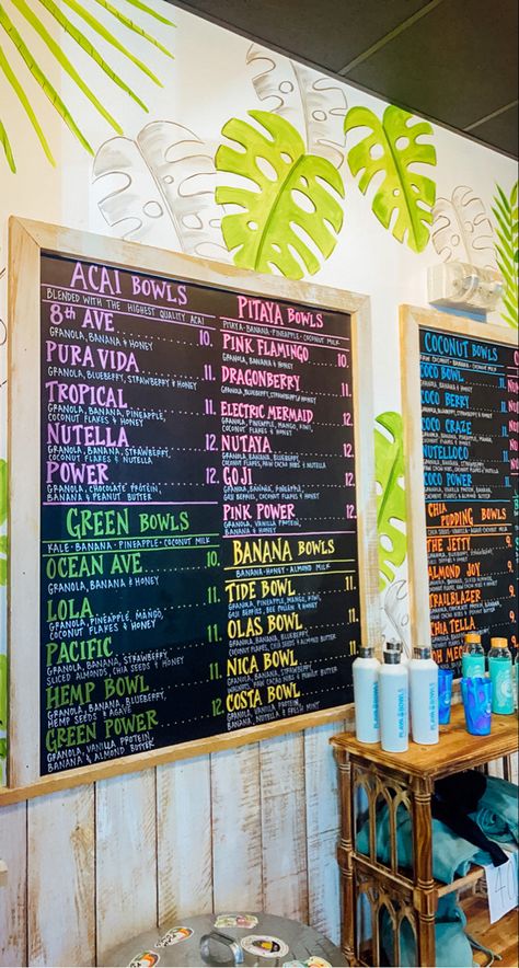 summery lunch , summer trip Smoothie Restaurant Design, Tropical Smoothie Cafe Aesthetic, Coconut Acai Bowl, Smoothie Bowl Shop Design, Juice And Smoothie Bar Design, Acai Food Truck Ideas, Acai Bowl Restaurant, Smoothie Bowl Food Truck, Acai Bowl Shop Design