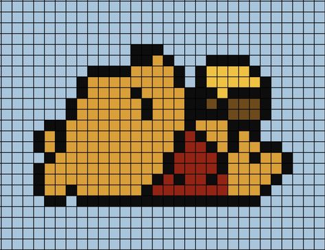 A pixel art template of Winnie the Pooh laying down, eyes closed (sleeping/napping) whilst holding a pot of honey. Winnie The Pooh Crochet Tapestry, Winnie The Pooh Pixel Art Grid, Winnie The Pooh Alpha Pattern, Winnie The Pooh Perler Bead Patterns, Winnie The Pooh Perler Beads, Pooh Pixel Art, Winnie The Pooh Pixel Art, Pooh Honey Pot, Crochet Grid