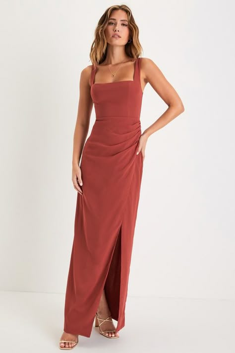 Chic Skirt, Perfect Bridesmaid Dress, Ruched Maxi Dress, Fall Wedding Guest Dress, Chic Skirts, Sophisticated Dress, Rust Dress, Chiffon Maxi Dress, Wedding Guest Dresses