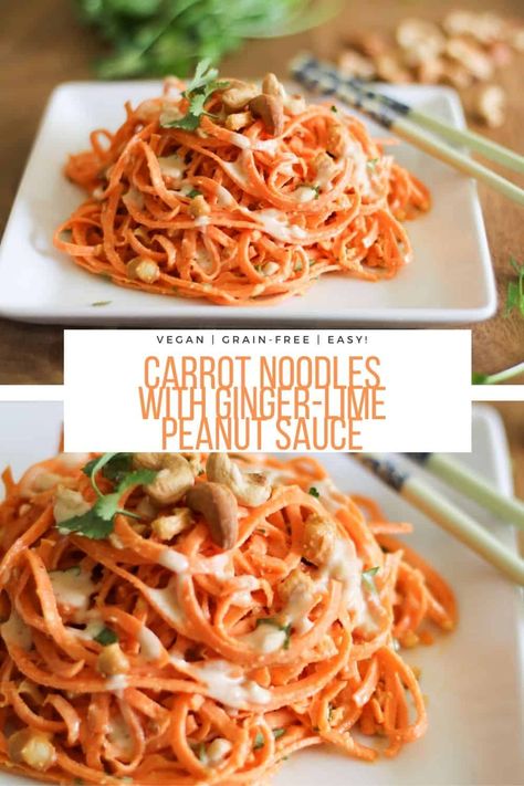 Raw Carrot Pasta with Ginger-Lime Peanut Sauce Vegan Main Dish, Carrot Pasta, Carrot Noodles, Gluten Free Vegetables, Keto Sides, Raw Vegan Diet, Vegetable Noodles, Raw Carrots, Raw Recipes