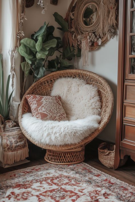 Create a tranquil nook with a rattan chair, plush faux fur throw, boho-inspired pillow, and layered textures for a warm and inviting bohemian vibe. Boho Rattan Chair, Boho Lounge Chair, Earthy Boho Bedroom, Boho Accent Chair, Vintage Boho Bedroom, Boho Chairs, Boho Seating, Nest Chair, Bed Drapes