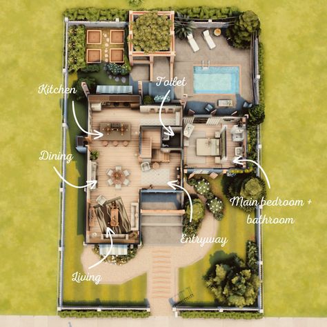 Sims 4 Houses 1 Story, Sims4 House Layout, Sims 4 Cottage Floor Plans, Sims 4 Cottage House, Sims Layout, Ranch Cottage, My First House, Sims 4 Cottage, Sims 4 Houses Layout