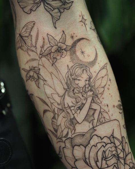 Upper Arm Fairy Tattoo, Whimsical Tattoo Arm Sleeve, Fairy In Garden Tattoo, Peony Fairy Tattoo, Fineline Patchwork Tattoo Sleeve, Faerie Tattoo Sleeve, Fairy Themed Tattoo Sleeve, Fairy Flowers Tattoo, Magical Forest Tattoo Sleeve