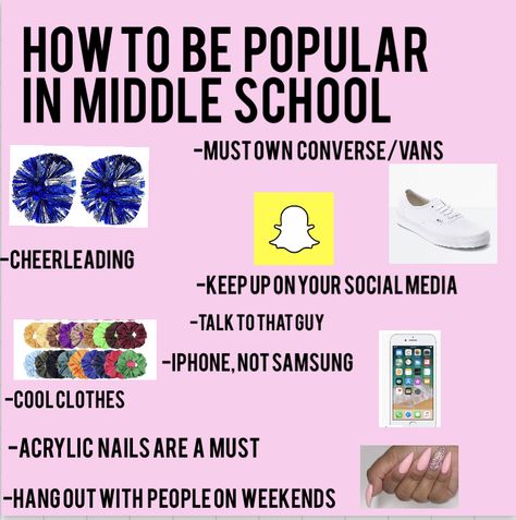 Litterly EXACTLY HOW EVERYONE I KNOW BECAME POPULAR! Follow if you wanna fit in with everyone else and be popular! How To Get Popular, How To Become Popular, Middle School Survival, Middle School Life, Middle School Hacks, School Checklist, Middle School Outfits, High School Survival, Aesthetic Memes