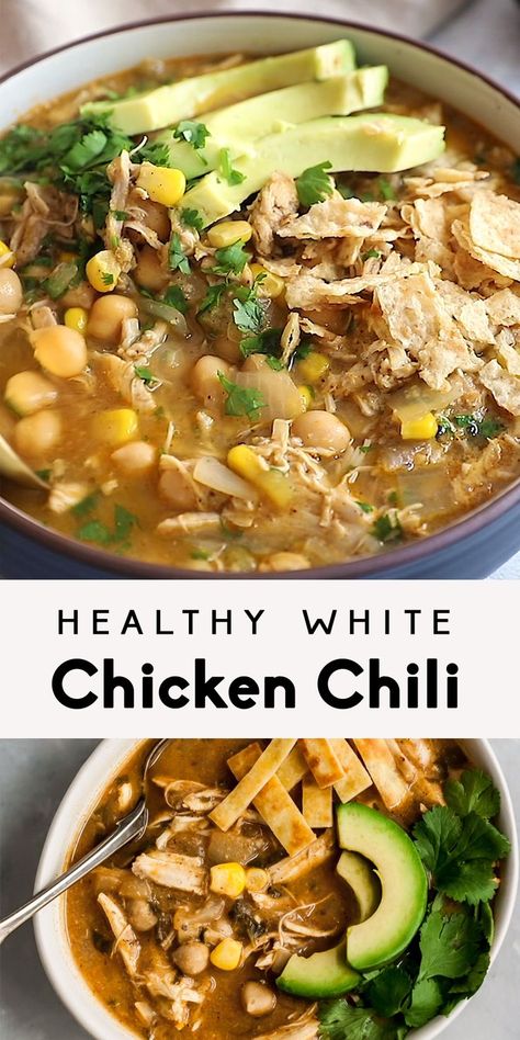 Healthy White Chicken Chili, Easy White Chicken Chili, Avocado Tortilla, White Chicken Chili Healthy, White Chicken Chili Recipe, Wallpaper Food, Green Chile Chicken, Chicken Corn, White Chili Chicken Recipe