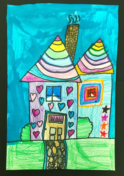 1st Grade “Dream Houses” – Art with Mrs Filmore Houses Art, My Dream House, High School Art Lessons, Tempera Painting, Jr Art, Liquid Watercolor, Baby Painting, Student Drawing, Black Sharpie