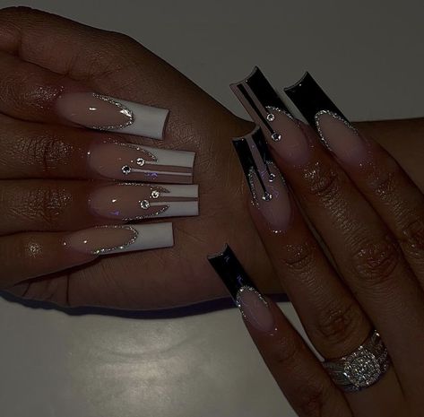 Pretty Nail Ideas Acrylic Black And White, Medium Length Nails Birthday, Black French Tip Nails Butterfly, Black French Tip Nails With Gems Rhinestones, Black French Tip Nails With Butterflies, Black Acrylic Nail Designs Coffin, Birthday Nails Black And White, Square Black Acrylic Nails, Black Nail Sets Medium