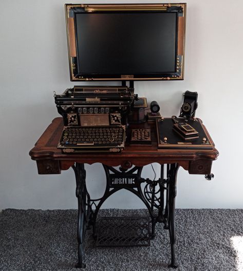 Uniquely built home PC setup, Artdeco or vintage retro. Fully custom built Steampunk Computer, Steampunk Desk, Steampunk Tendencies, Computer Desk Setup, Steampunk House, Vintage Props, Retro Gadgets, Hotel Reception, Computer Setup