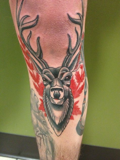 Deer knee tattoo - Steven Skorjanec - St. Paul Old School Deer Tattoo, Deer Skull Knee Tattoo, Deer Knee Tattoo, Deer Tattoo Men, Deer Dragon, Traditional Tattoo Dragon, Buck Tattoo, Tattoo Deer, Deer Head Tattoo