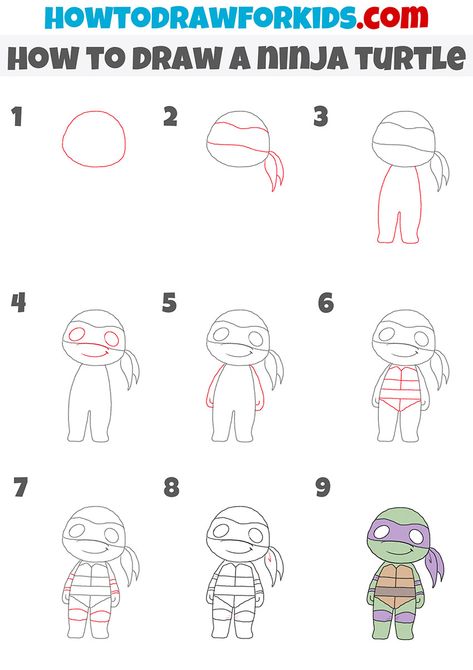 how to draw a ninja turtle step by step How To Draw Ninja Turtles, Cute Ninja Turtles Drawing, How To Draw A Ninja Turtle, Step By Step Kawaii Drawing, How To Draw A Ninja, How To Draw Teenage Mutant Ninja Turtles, Drawings Step By Step For Beginners, Ninja Turtle Easy Drawing, How To Draw Characters Step By Step