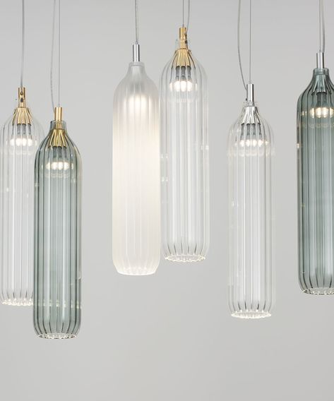 Flute Pendant → Tom Kirk Lighting Limited Gabriel Scott Lighting, Reeded Glass, Custom Chandelier, Crystal Pendant Lighting, Bespoke Lighting, Office Suite, Stainless Steel Cable, Contemporary Chandelier, Mason Jar Lamp