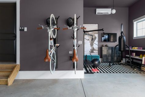 Garage, home gyms, gray paint color, Stunning Shade HGSW3382 Home Office Gym Combo Layout, Home Office Gym Combo, Office Gym Combo, Garage Paint Colors, Single Garage Door, Garage Paint, Garage Pictures, Home Gym Garage, Gym Room At Home