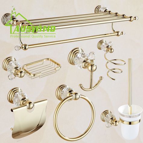 Solid Brass Bathroom Hardware Sets Gold Polished Bathroom Accessories Wall Mounted Crystal Bathroom Products Brass Bathroom Hardware, Cheap Bathroom Accessories, Crystal Bathroom, Bathroom Hardware Set, Bathroom Accessories Sets, Brass Bathroom, Bath Accessories Set, Bathroom Accessory Sets, Towel Ring