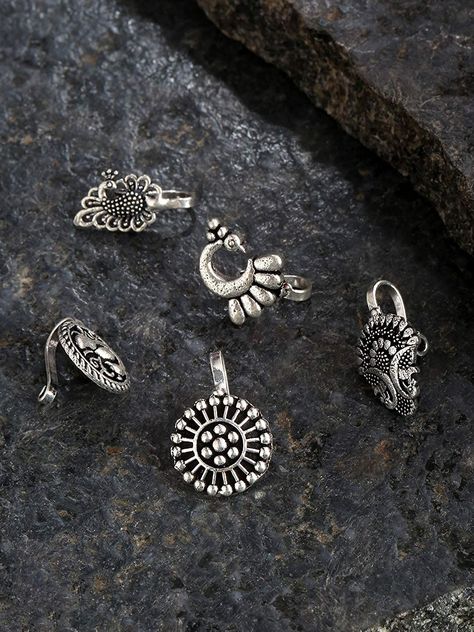 Oxidised Silver Nose Pin (without Piercing) | Set of 5 | Peacock-Inspired Design | Quirky Tribal Look | German Silver Material | Trendy Nose Pin for Women Nose Pins, Oxidised Silver Jewelry, Jewelry Photography Styling, Silver Nose Ring, Oxidized Necklace, Jewellery Indian, Silver Jewellery Indian, Nose Pin, Nose Jewelry