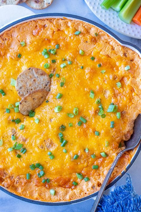 This Vegetarian Buffalo Chickpea dip is quick and easy to throw together and only bakes for about 25 minutes. This dip is a delicious chicken-free version of buffalo chicken dip that tastes almost identical! This cheesy vegetarian dip is great enjoyed with crackers, veggies or chips. Serve as a side dish, appetizer or snack. #buffalodip #chickpeadip #vegetarianappetizer #chipsanddip #newyearsappetizer Buffalo Chickpea Dip, Mardi Gras Appetizers, Christmas Seafood, Vegetarian Buffalo, Hot Crab Dip Recipe, Mexican Corn Dip, Chickpea Dip, Buffalo Chickpea, Hot Crab Dip